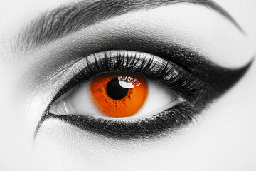 A close-up view of a striking orange eye with bold black eyeliner and long eyelashes on a contrasting black and white background