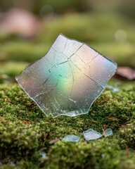 Obraz premium Cracked glass shard on moss-covered ground