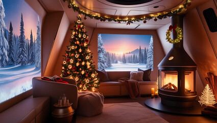 Cozy Christmas living room with fireplace, decorated tree, and winter scene projection.