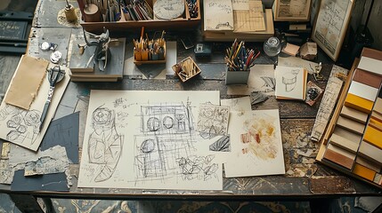 Creative workspace of an architect designer with hand-drawn sketches and material samples.