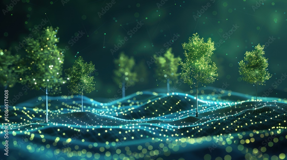 Poster abstract digital landscape with glowing trees and a field of light.