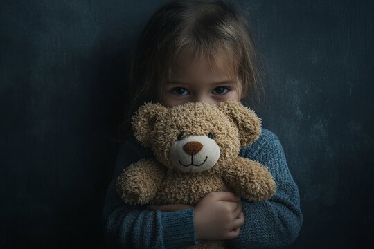sad child holding a teddy bear in a dark room domestic violence