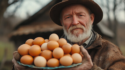 farmer holding a basket of eggs