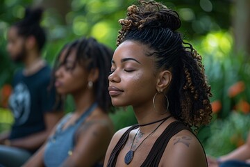 Obraz premium A group of individuals sits quietly in a vibrant garden, engaging in meditation while surrounded by greenery and colorful flowers. The serene atmosphere promotes relaxation and focus
