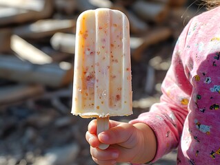 A child holding a creamy popsicle against a blurred background of wooden logs.