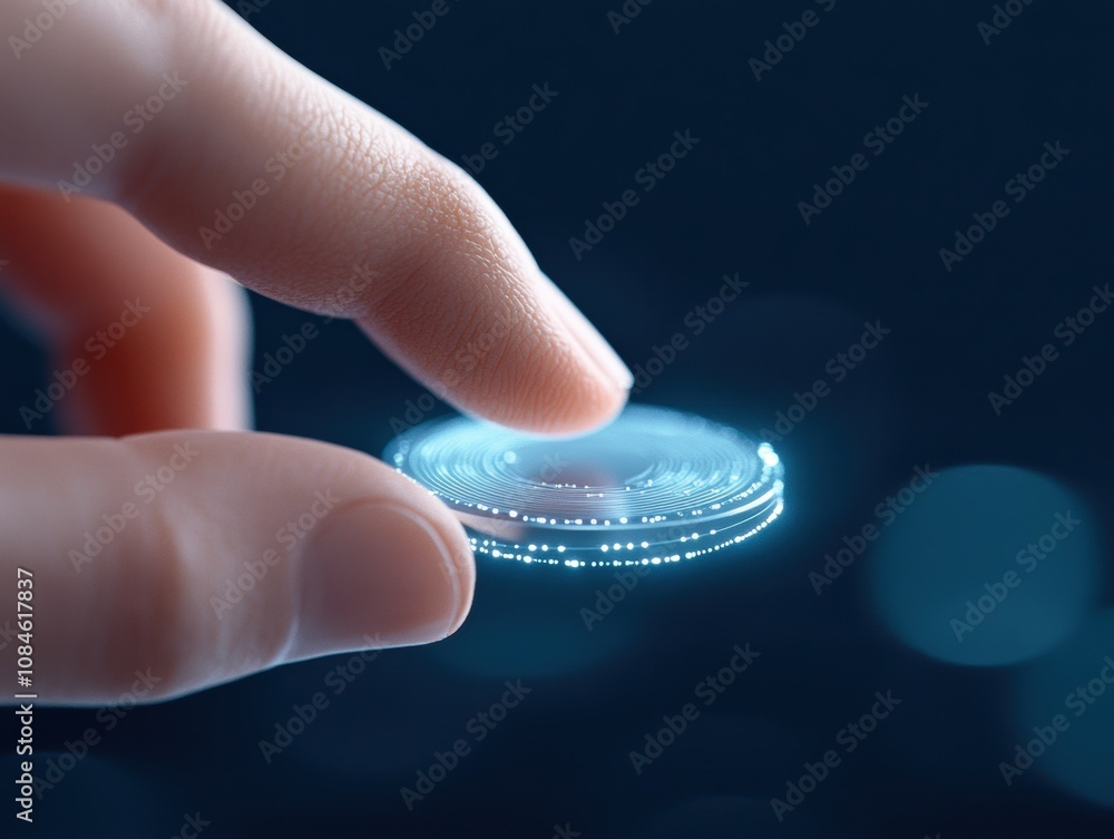 Aufkleber close-up of a fingertip interacting with a futuristic digital interface hologram. touchscreen and te