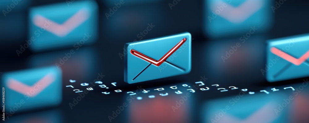 Poster blue 3d email icons with red highlighted mail symbols on dark background. digital communication and 