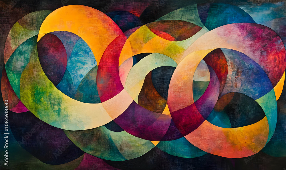 Poster a vibrant abstract composition featuring overlapping colorful shapes and curves.