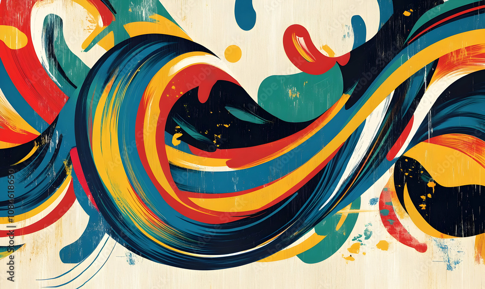Poster abstract colorful swirls and shapes creating a dynamic and vibrant visual composition.