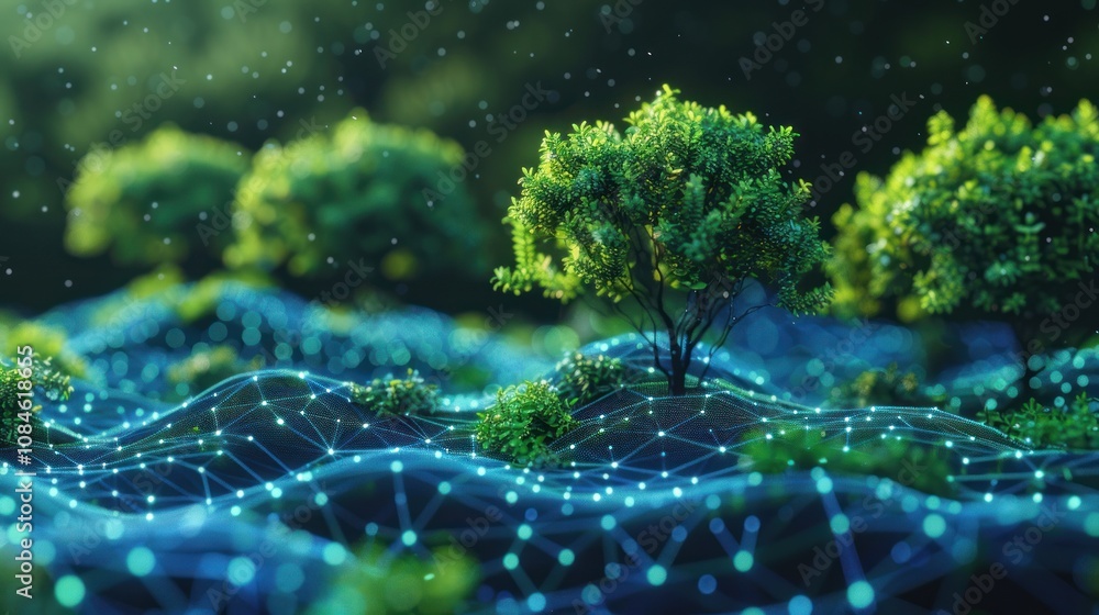 Poster a lush green forest with a network of glowing lines and dots, symbolizing the interconnectedness of 