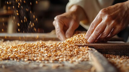 A closeup of hands sorting grains at a traditional mill, Grain Quality, Timehonored and careful