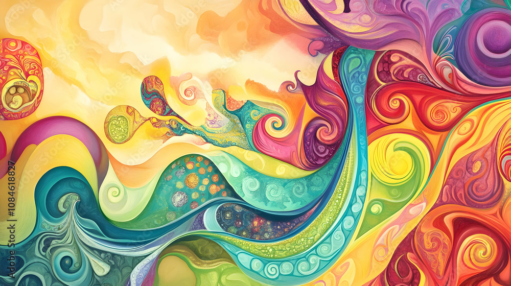 Poster a vibrant, swirling abstract design with colorful patterns and flowing shapes.