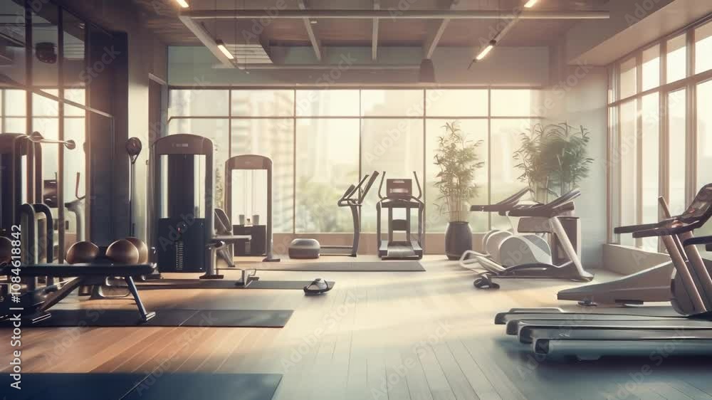 Poster Sunlight streams through large windows into a modern, empty gym filled with exercise equipment, creating an inviting atmosphere for a workout