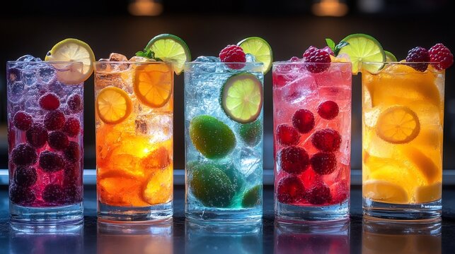 dry january mocktail bar, colorful fruit-infused sparkling water bar, adorned with lime, lemon, and berries, celebrates dry january in a vibrant scene