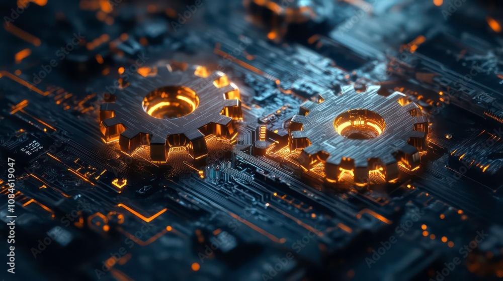 Poster abstract illustration of two illuminated gear cogs resembling digital technology and advanced machin