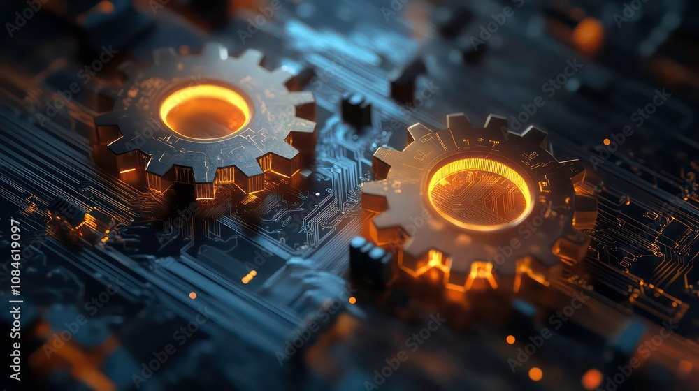 Poster abstract illustration of two illuminated gear cogs resembling digital technology and advanced machin