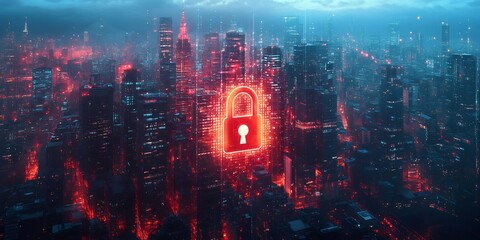 digital padlock over city skyline symbolizes data privacy in modern urban landscapes, emphasizing its significance in smart cities