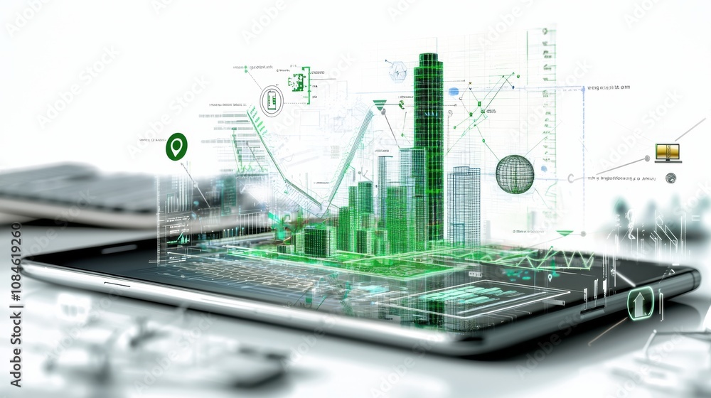 Aufkleber digital 3d rendering of a cityscape with green buildings and smart city elements projected above a t