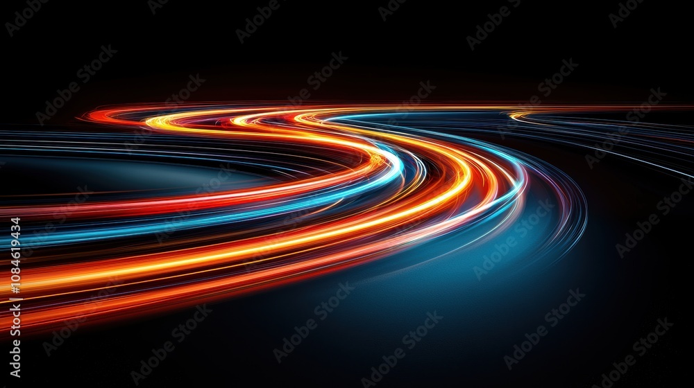 Poster abstract light trails in red, orange, and blue creating a futuristic curved path on a black backgrou