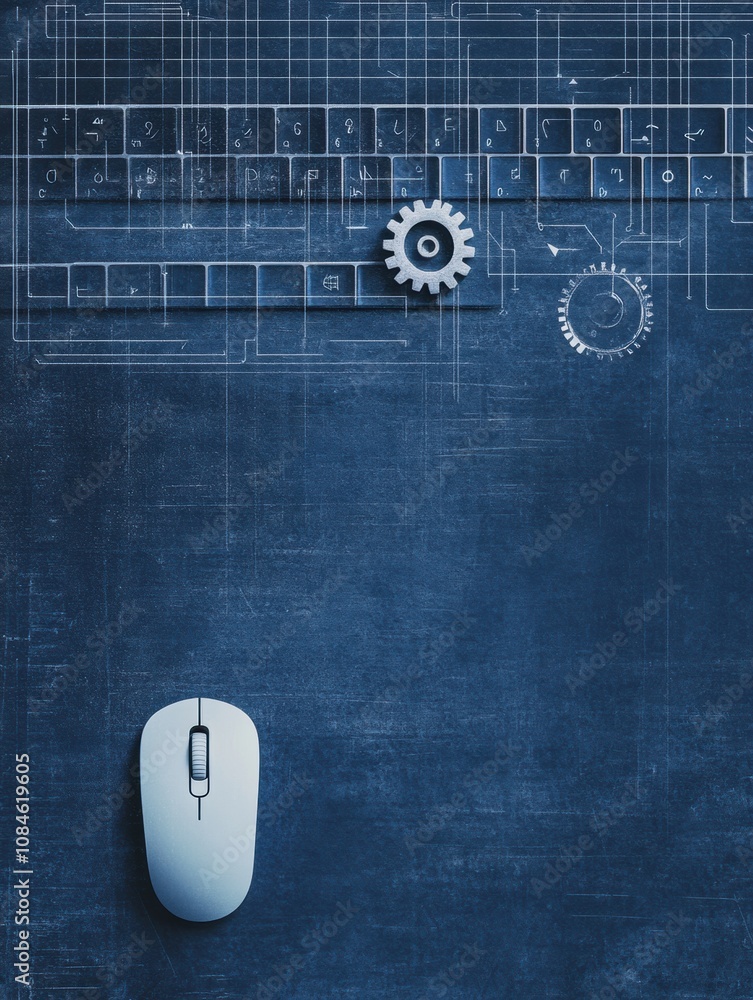 Poster A digital representation features a keyboard, white mouse, and gears set against a deep blue backdrop, symbolizing technology and design. Generative AI
