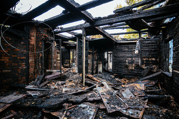 Aftermath of fire. Completely burnt house interior