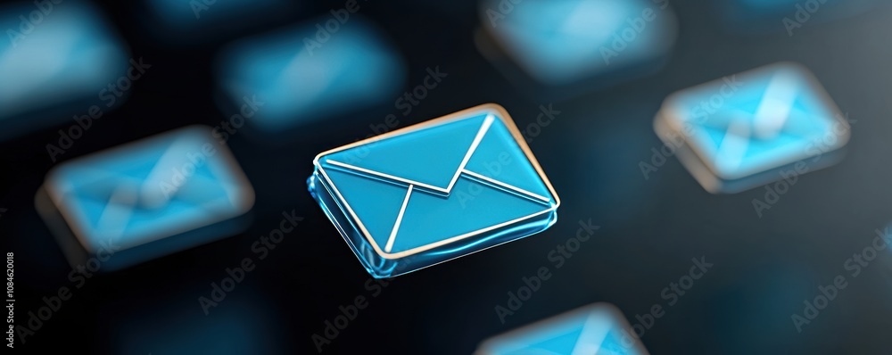 Poster blue digital email icon with gold edges on a dark background. 3d rendering of communication symbol.