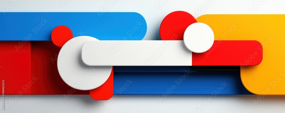 Poster geometric abstract composition with intersecting colorful shapes in red, blue, white, and yellow on 