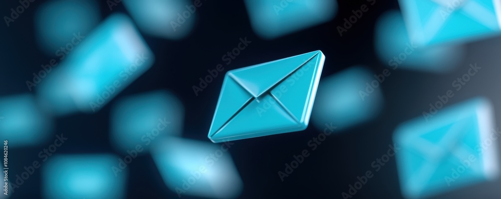 Aufkleber multiple turquoise envelopes floating in dark background. digital 3d illustration with abstract comp