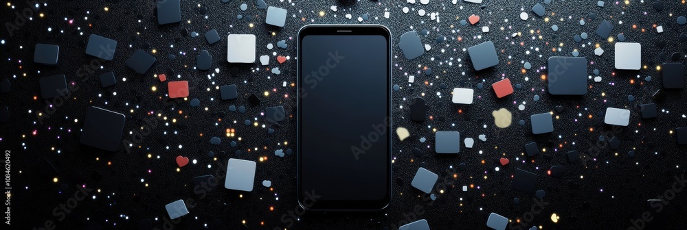 Fototapete A smartphone sits in the center, surrounded by vibrant notification icons indicating likes and comments against a dark backdrop. Generative AI
