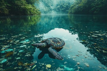 Obraz premium tranquil lakeside scene invaded by microplastics, with tiny particles visible under the surface