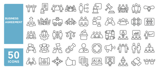 Set of 50 line icons related to business agreement, meeting, partnership, planning, project, business, conference, discussion, Editable stroke. Vector illustration