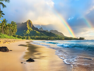 A serene beach scene with mountains, rainbows, and palm trees under a vibrant sky.