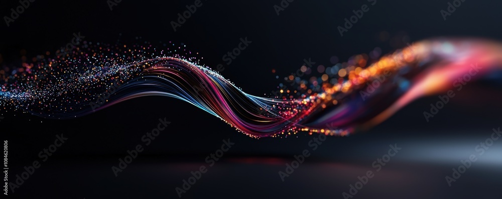 Aufkleber abstract colorful light wave with glowing particles on a dark background. dynamic digital motion con