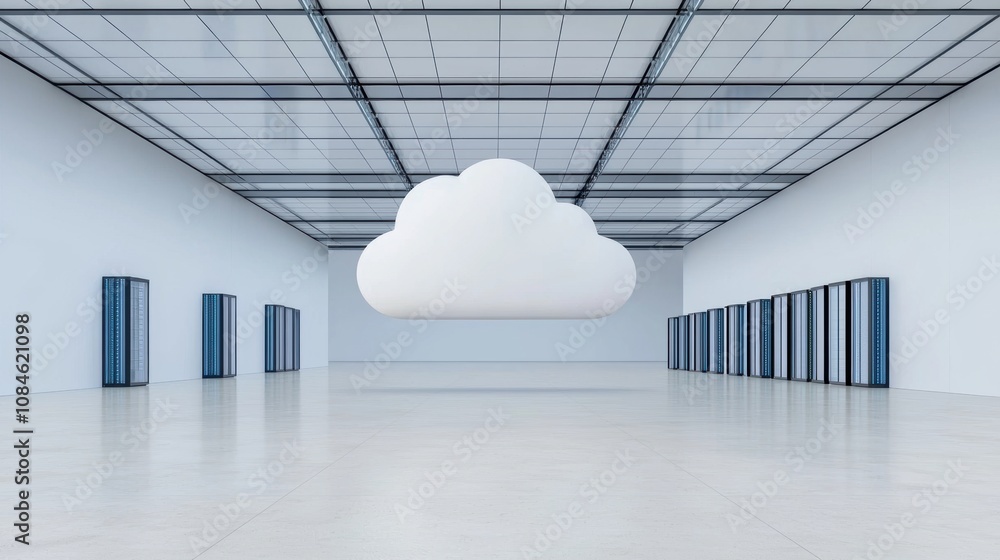 Aufkleber large white cloud structure suspended in a modern server room interior with rows of data storage uni
