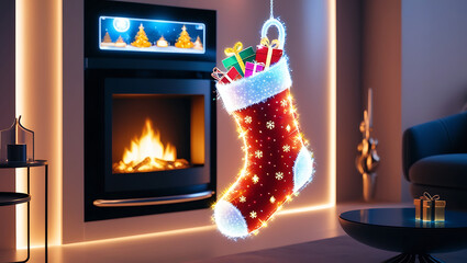 Illuminated Christmas stocking filled with gifts hangs above fireplace.