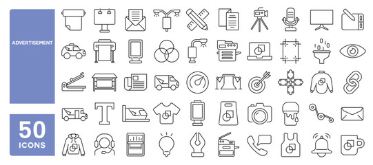 Set of 50 line icons related to advertisement , branding, marketing, advertising, outdoor, billboard, signage, poster, Editable stroke. Vector illustration