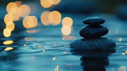 Fototapeta premium Zen stones balanced on water with bokeh lighting