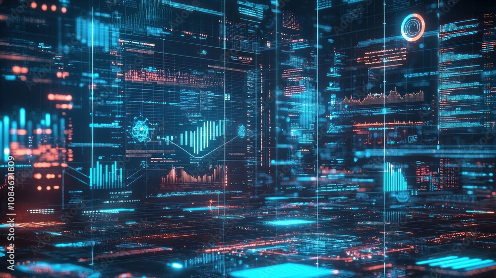 Poster abstract futuristic cityscape with data overlays