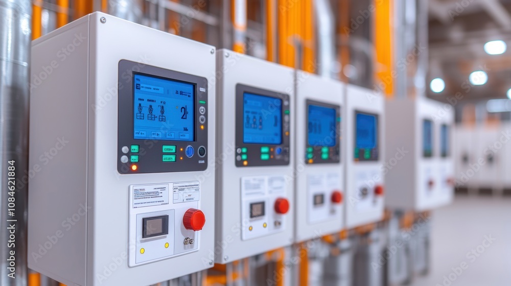 Poster row of industrial control panels with digital displays in a modern factory setting. automation and t