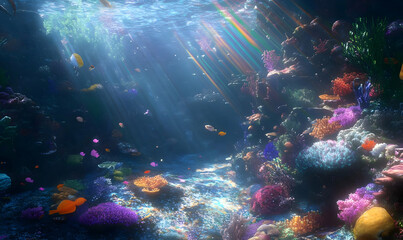 Fototapeta premium Underwater scene showcasing vibrant coral reefs and colorful fish illuminated by sunlight.