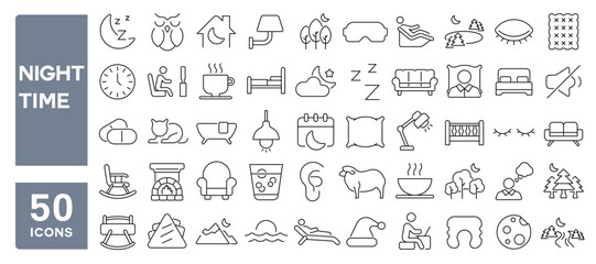 Set of 50 line icons related to night time, bedtime, sleep, home, insomnia, tv, dinner, relax, quiet, bedding, rest, Editable stroke. Vector illustration