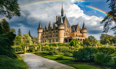 A majestic castle surrounded by lush gardens and a rainbow in a vibrant sky.
