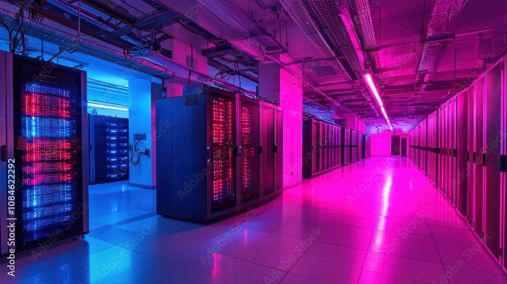 Aufkleber rows of server racks in a modern data center with neon lighting