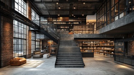 Modern Industrial Loft Interior with Concrete Stairs, Brick Walls, and Bookshelves