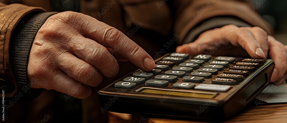 Poster a close-up of a hand using a calculator for calculations.