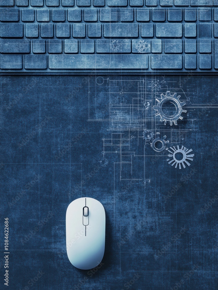 Poster A keyboard is placed above a mouse, accompanied by a gear design symbolizing productivity and efficiency in a modern workspace. Generative AI