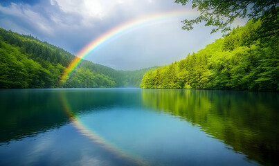 Naklejka premium A serene lake scene with a vibrant rainbow arching over lush green forests.
