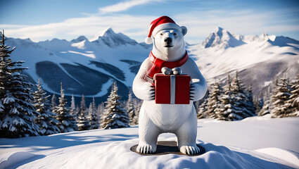 Obraz premium Polar bear in Santa hat holds gift, snowy mountain backdrop.