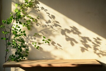 Green leaves rest on a wooden surface, casting striking shadows on a light-colored wall as afternoon sunlight streams in, creating a serene and peaceful atmosphere