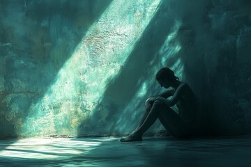 Fototapeta premium figure sitting alone in a corner, surrounded by shadows, symbolizing the emotional isolation domestic violence